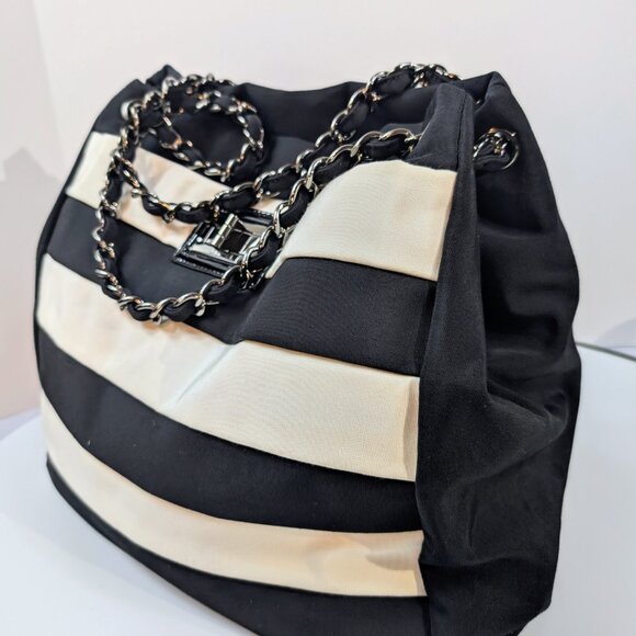 Chanel Black and White Striped Fabric Shopping Tote - Picture 5 of 16